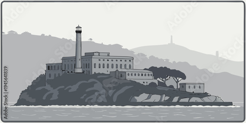 USA, US, U.S, United States - Alcatraz Island historic prison island foggy bay panorama cinematic mood 
