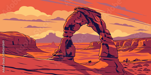 USA, US, U.S, United States - Arches National Park delicate arch glowing red sandstone sunset panorama
