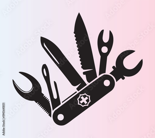 Multitool pocket knife with various attachments isolated illustration