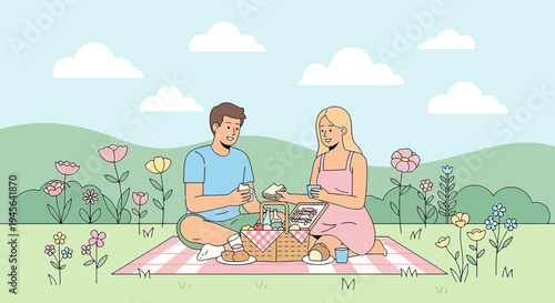 Couple Enjoying Picnic in Flower Meadow on Sunny Day, Flat Design