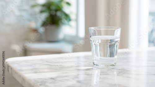 clean glass of water on white marble table, soft reflections
