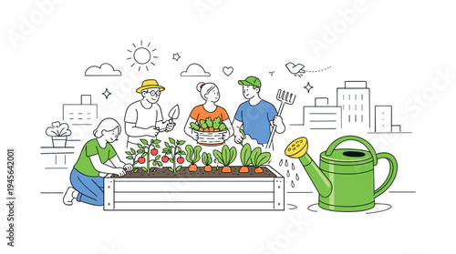 Diverse group of people gardening together in a city raised bed garden. A community of friends and neighbors tending to vegetables in an urban garden setting, fostering connection