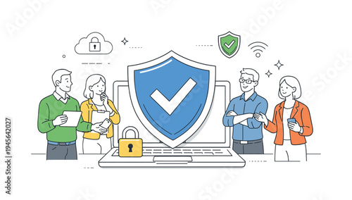 Team discusses digital security and data protection with laptop and shield icon. A diverse team collaborates around a laptop displaying a digital shield, symbolizing cybersecurity