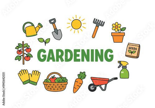 Home gardening lifestyle focused on caring for plants, growing vegetables, and enjoying productive outdoor activity in a personal garden or backyard environment. GARDENING title surrounded