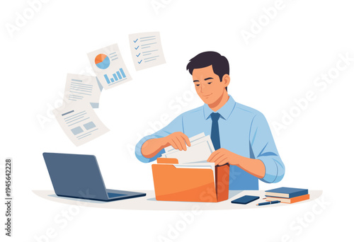 Man organizing documents and papers in a folder with laptop and charts. A businessman is sorting through papers and files on his desk, with a laptop and charts nearby, symbolizing