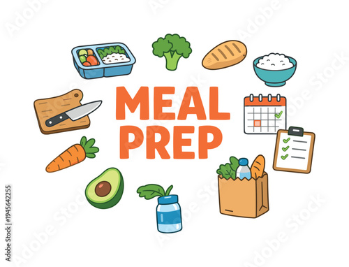 Meal prep illustration with healthy food items and planning tools. A colorful cartoon illustration depicting the concept of meal prepping with various food ingredients and
