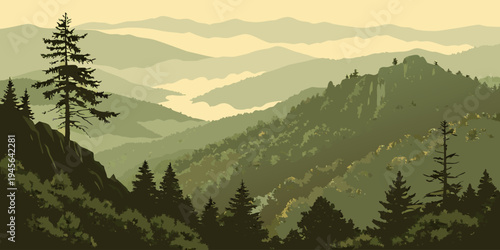 USA, US, U.S, United States - Great Smoky Mountains National Park misty mountain layers sunrise panorama, dreamy fog landscape
