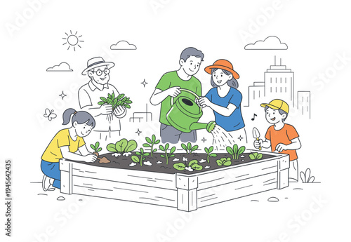 Family gardening together in a raised bed with city buildings in the background. A multi-generational family happily works together planting and watering vegetables in a raised