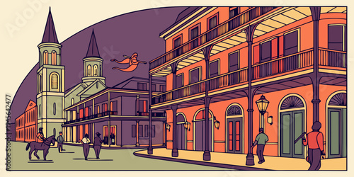 USA, US, U.S, United States - New Orleans French Quarter colorful street jazz night panorama 
