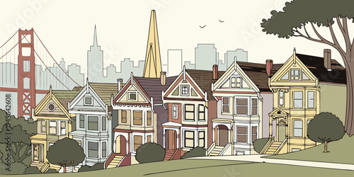 USA, US, U.S, United States - San Francisco colorful Victorian houses panorama skyline

