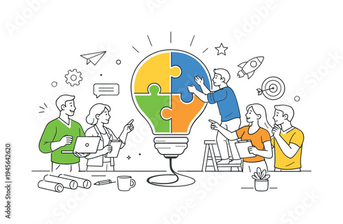 Teamwork and collaboration to build a bright idea lightbulb puzzle. Diverse group of people working together to assemble a colorful jigsaw puzzle shaped like a lightbulb
