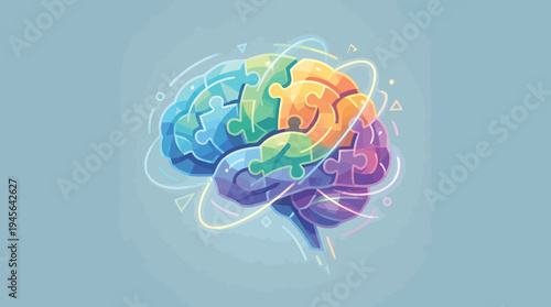 Vibrant Puzzle Brain Illustration Symbolizing Complex Cognitive Processes, Mental Development, and Creative Problem Solving