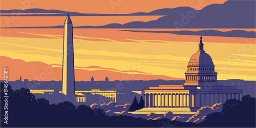 USA, US, U.S, United States - Washington, D.C. monument skyline sunrise panorama
