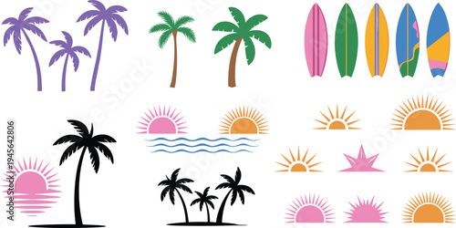 Flat tropical beach icon set, palm trees surfboards sunset symbols, summer vacation elements, seaside travel graphic collection illustration