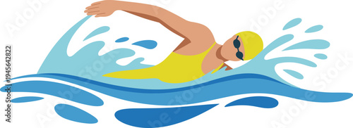 Freestyle swimming athlete illustration, competitive swimmer in water splash, aquatic sport training concept, professional swimming performance design artwork