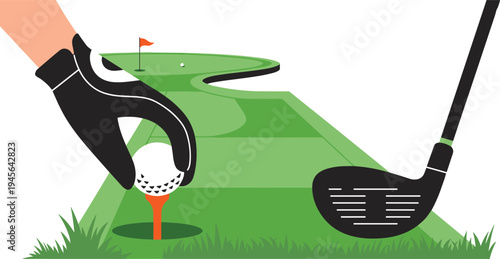 Golf tee shot preparation illustration, golfer placing ball on tee, golf club driver, green course fairway sports concept