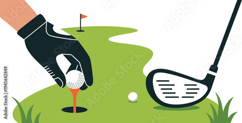 Golf tee shot preparation illustration, golfer placing ball on tee, golf driver club, green course sports concept