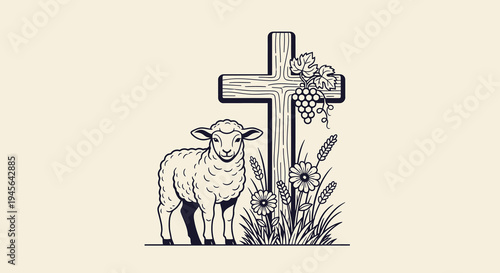 Christian Cross with Lamb Grapes and Wheat Line Art