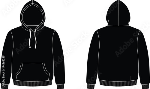 Black hoodie technical flat sketch template with front and back views, hooded sweatshirt vector illustration for apparel design, streetwear fashion mockup, and garment tech pack.