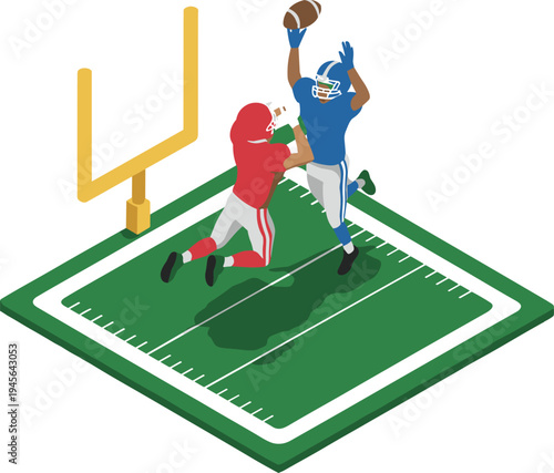 Isometric American football players catching ball near goalpost, gridiron field action, touchdown attempt, competitive sports illustration concept