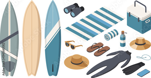 Isometric beach summer accessories collection, surfboards vacation gear, beach towel sunglasses cooler flip flops hat seaside travel illustration
