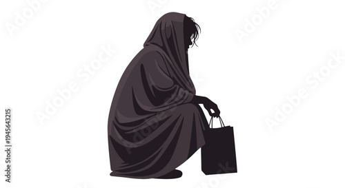 Mysterious cloaked figure crouching with a black bag.