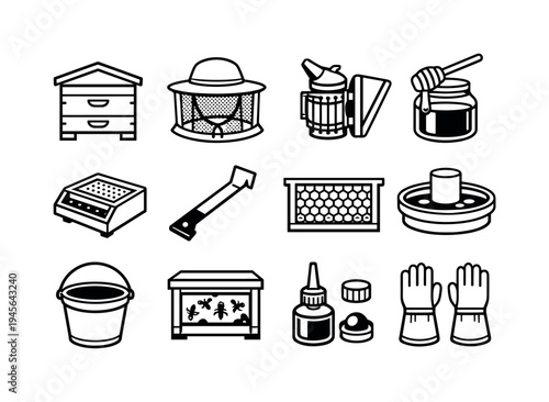 Beekeeping equipment icons: hive, smoker, honey jar, frame, and protective gear. A collection of black and white line art icons representing various beekeeping tools and supplies