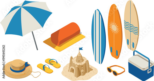 Isometric beach vacation accessories set with surfboards, umbrella, cooler, sunglasses, flip flops, sandcastle and summer travel equipment illustration