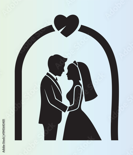 Silhouette of bride and groom under heart arch illustration
