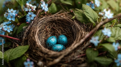 bird nest with glowing blue eggs 