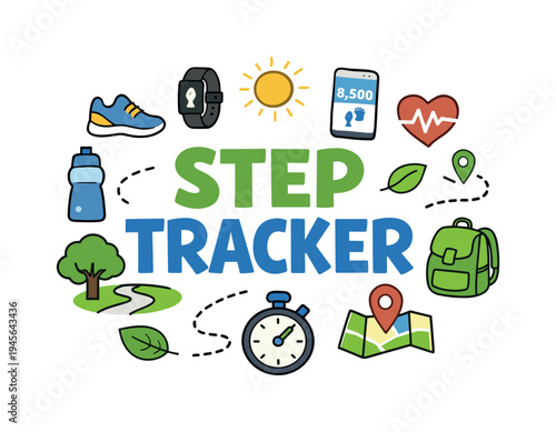 Step tracker concept with fitness and outdoor activity icons. Illustration of a step tracker concept featuring icons for fitness, health, and outdoor exploration like shoes