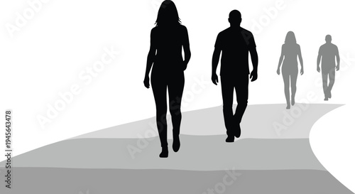 Black silhouettes of diverse men and women walking forward on a winding gray path represent career progress, personal growth, social connection, and future success.