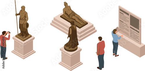 Isometric museum exhibition scene with ancient sculptures, historical statue display, visitors observing artifacts and reading information board illustration