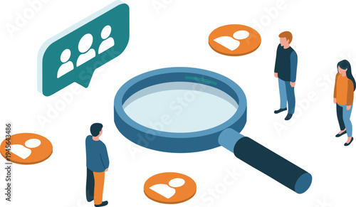 Isometric recruitment concept with magnifying glass searching candidates, HR selecting talent profiles and communication icons in hiring process illustration