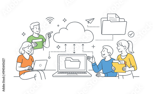 Team collaborating on cloud storage and data management with laptops. A diverse group of people working together, using technology to access and organize digital files in a