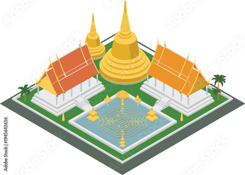 Isometric traditional Thai temple complex with golden stupas, Buddhist sanctuary buildings, sacred courtyard and ornate architecture landmark illustration