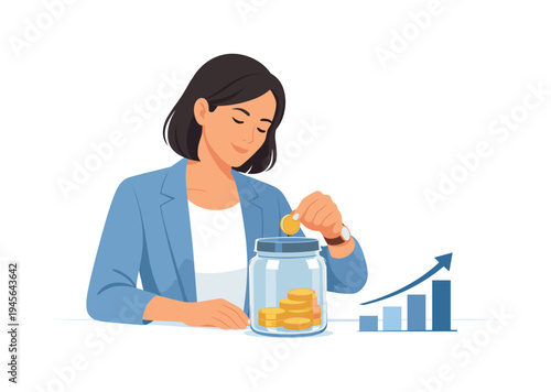 Woman saving coins in a jar with a growing financial chart in the background. A woman in a blue blazer deposits a gold coin into a glass jar filled with money, symbolizing savings