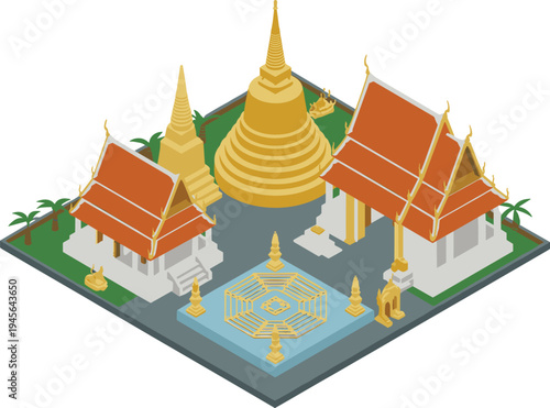 Isometric traditional Thai temple complex with golden pagoda, Buddhist architecture, pavilion buildings and sacred courtyard landmark illustration