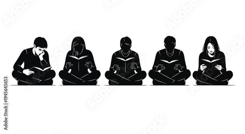 Group of people reading books in a line.