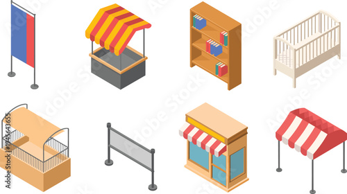 Isometric urban furniture collection with market stall, bookshelf, baby crib, shop kiosk, billboard banner, barrier and canopy illustration set