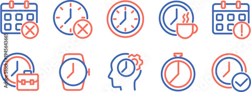 Various icons depicting time management and productivity with incorrect elements highlighted