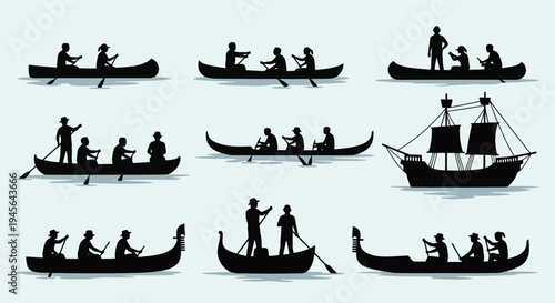 Collection of Silhouettes of People in Various Boats.