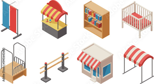 Isometric urban furniture set including market stall, bookstore shelf, baby crib, shop kiosk, street barrier, billboard and canopy illustration