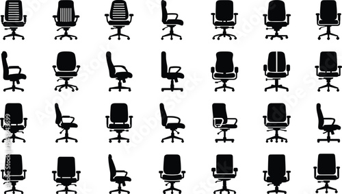 Collection of professional office chair silhouettes and ergonomic desk seat icons in various perspectives and styles for corporate interior design and workspace furniture vectors