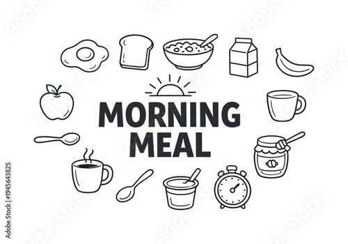 Healthy balanced breakfast preparation where individuals create nutritious morning meals that support energy, focus and productive daily routines. MORNING MEAL central title surrounded by