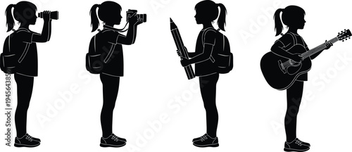 Set of black silhouettes showing a young girl with a backpack exploring hobbies like bird watching, photography, drawing with a large pencil, and playing guitar.