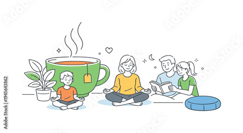 Family enjoying a peaceful moment with tea and meditation at home. A family finds tranquility together, with children meditating and parents reading, fostering a calm home