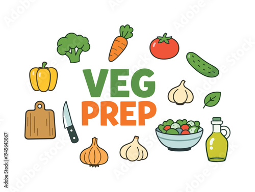 Veg prep illustration with fresh vegetables and cooking utensils. A colorful cartoon illustration featuring various fresh vegetables, a cutting board, knife, salad bowl, and olive