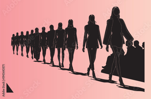 Silhouettes of fashion models walking in a line on a runway