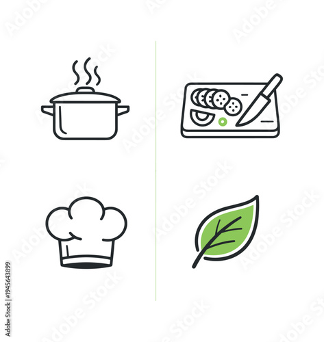 Cooking icons: pot, chopping board with vegetables, chef hat, and leaf. A collection of four simple line art icons representing cooking, food preparation, and healthy eating
